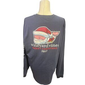 Vineyard Vines Shirt Mens L Blue Cotton Whale Merry Christmas Santa Long Sleeve